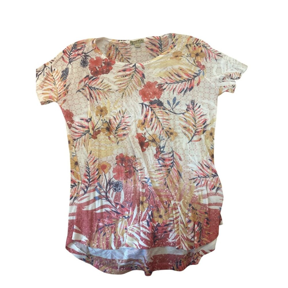 Energé Womens M Floral  Short Sleeve Top Rhinestones Lightweight Hippie Vacation